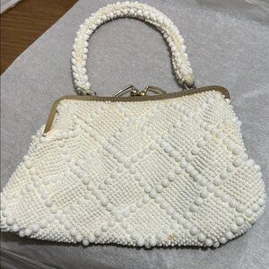 Ivory Beaded Top-Handle Evening Bag
